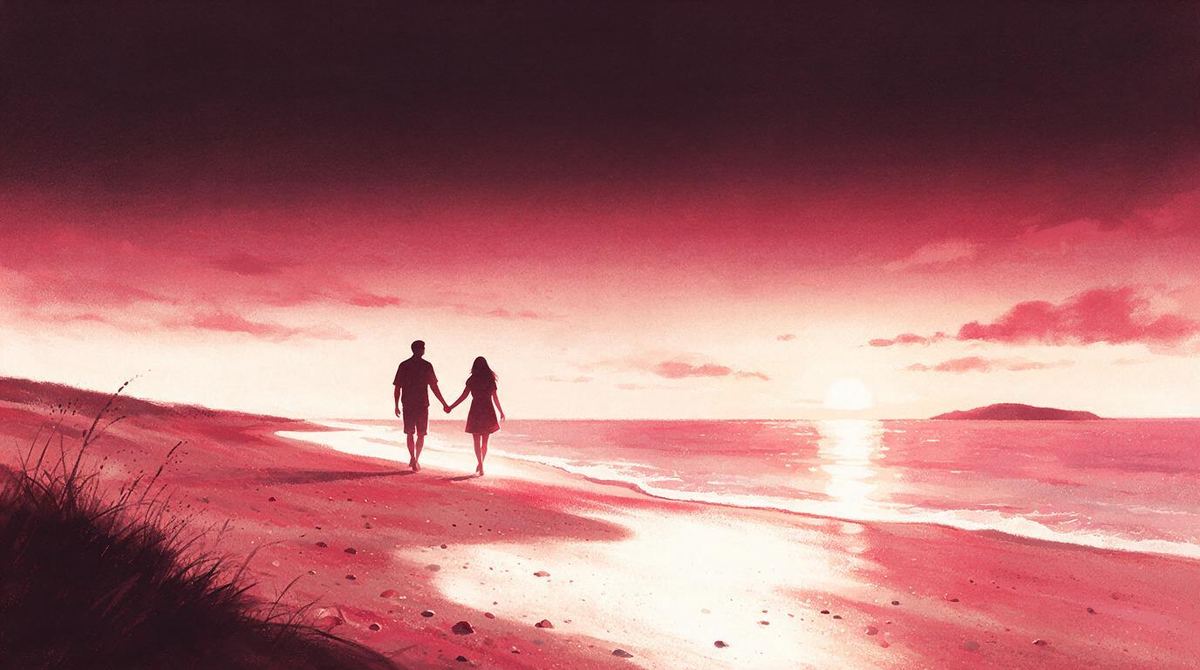 Two people walking hand in hand along a beach at sunset